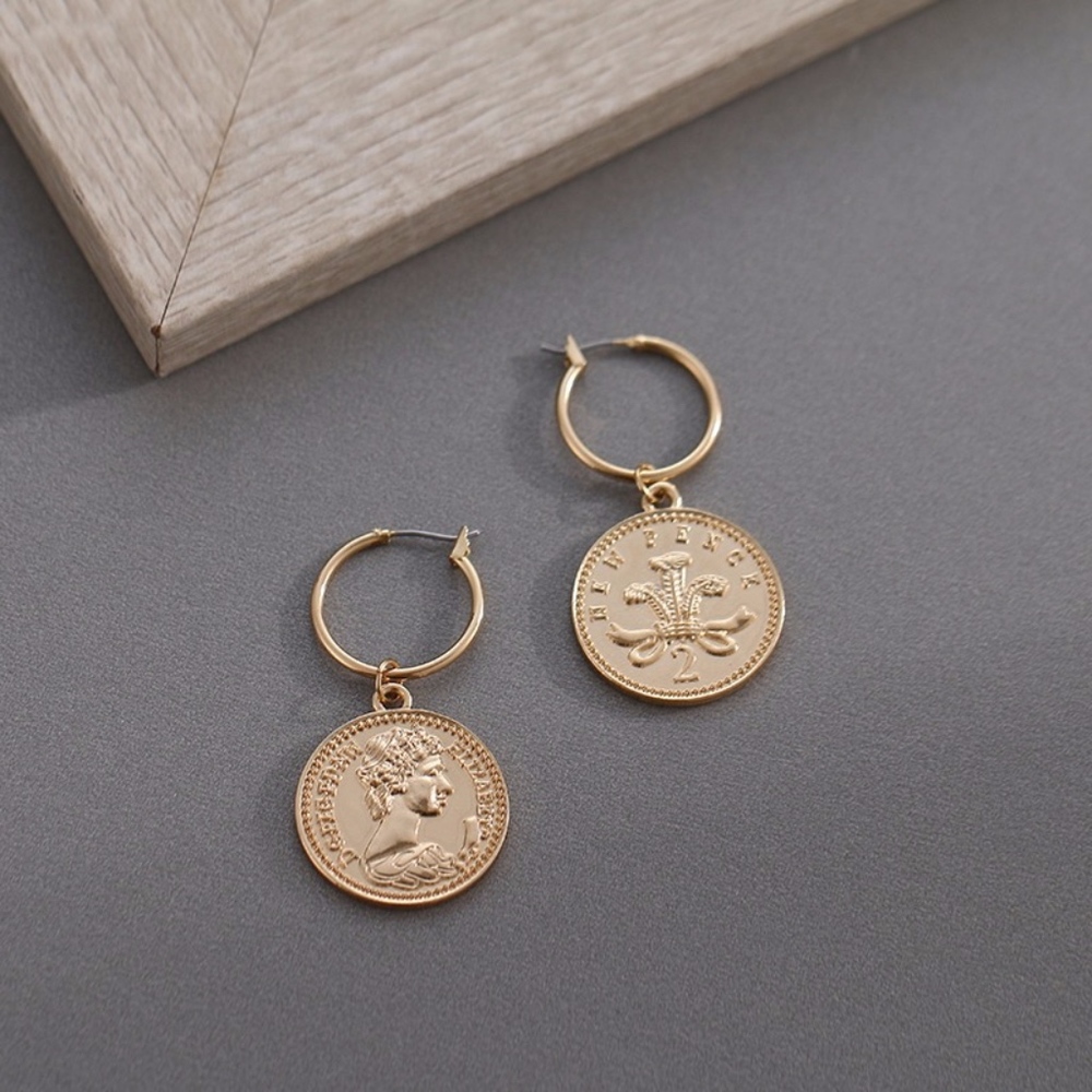 Coin Double Sided Two Pence Gold Hoop Earrings